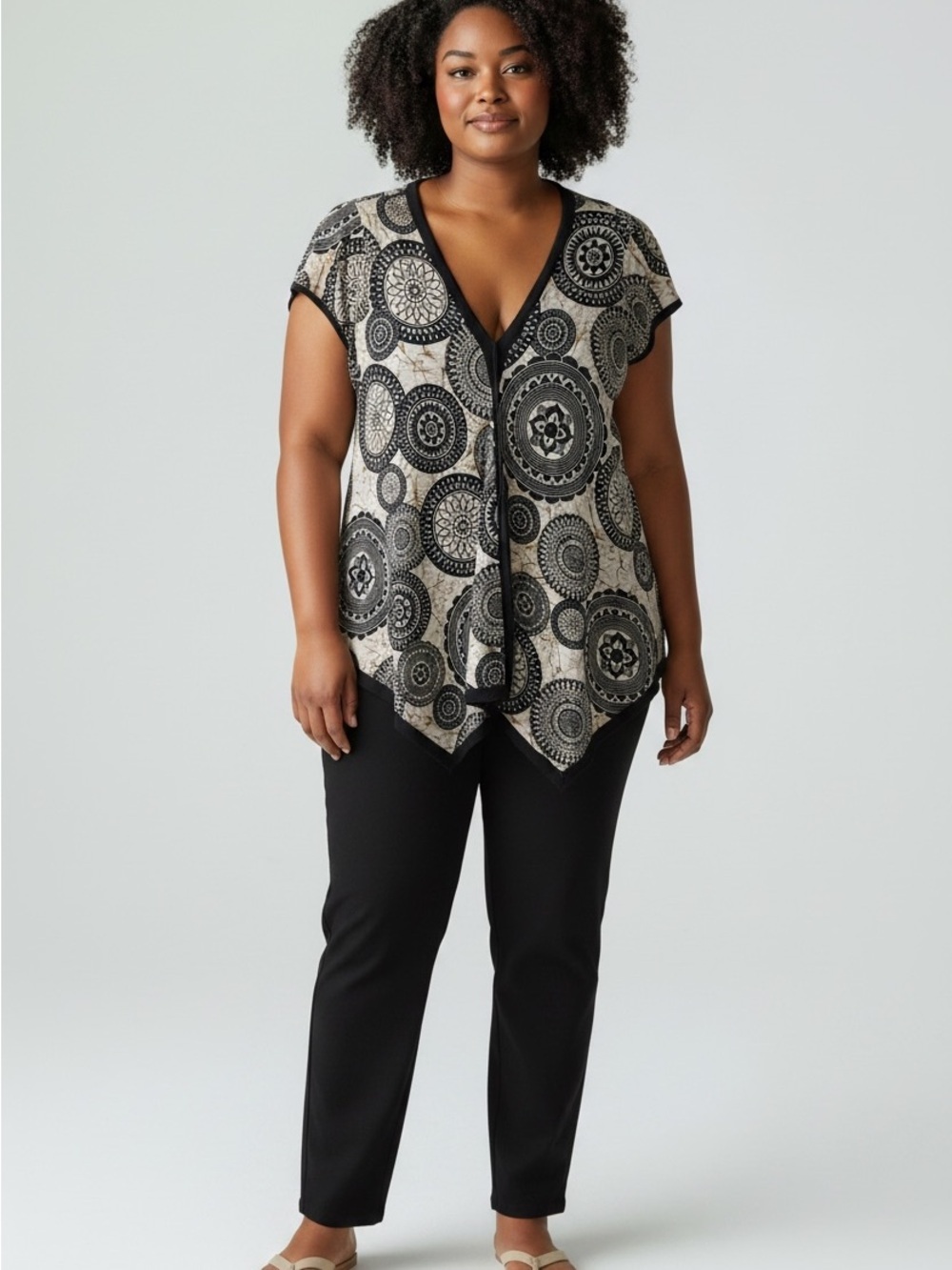 Bali Beige and Black Patterned Short Sleeve Top